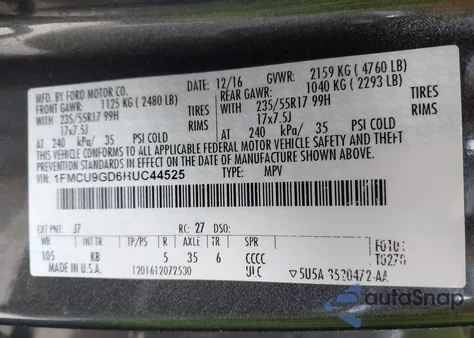 2017 Ford Escape Se from USA, damaged, VIN 1FMCU9GD6HUC44525